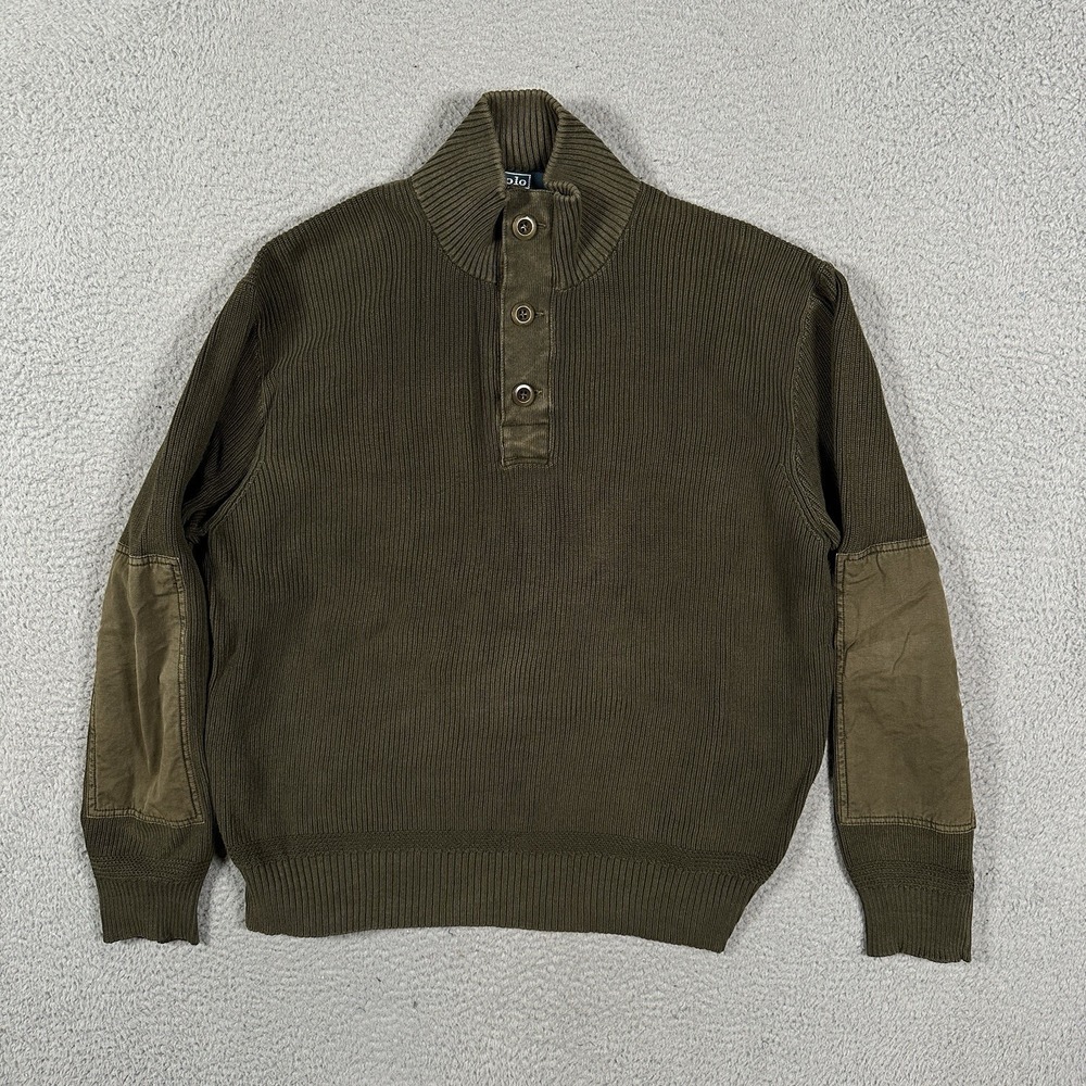 Polo Ralph Lauren Henley Sweater Men's XL Olive Ribbed Knit Cotton Elbow Patch